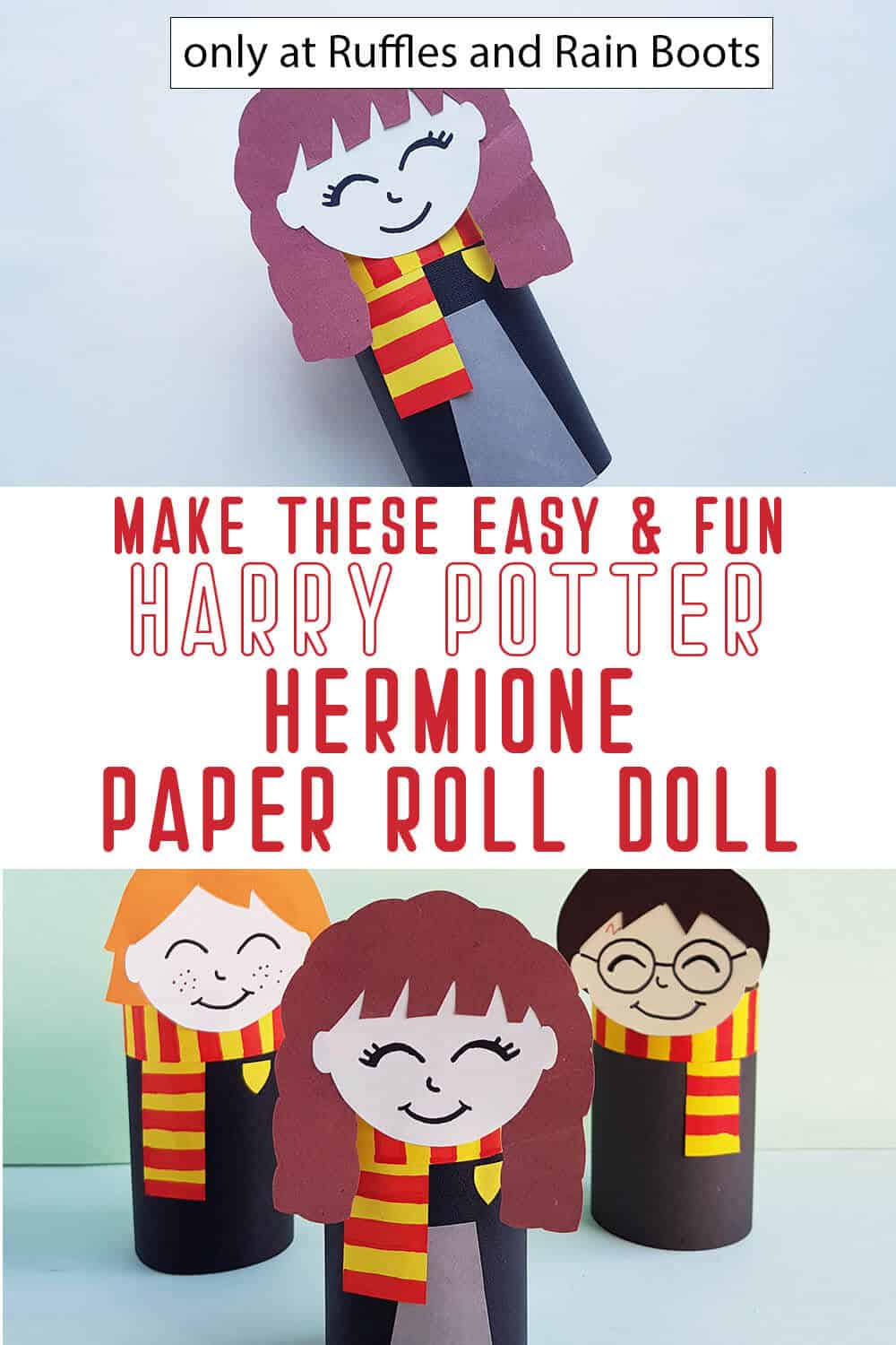 photo collage of harry potter book hermione paper doll from a paper roll with text which reads make these easy & fun harry potter hermione paper roll doll