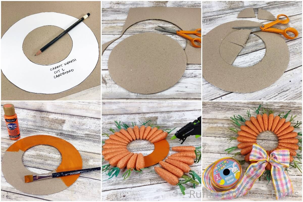 photo collage tutorial of how to make a farmhouse carrot wreath