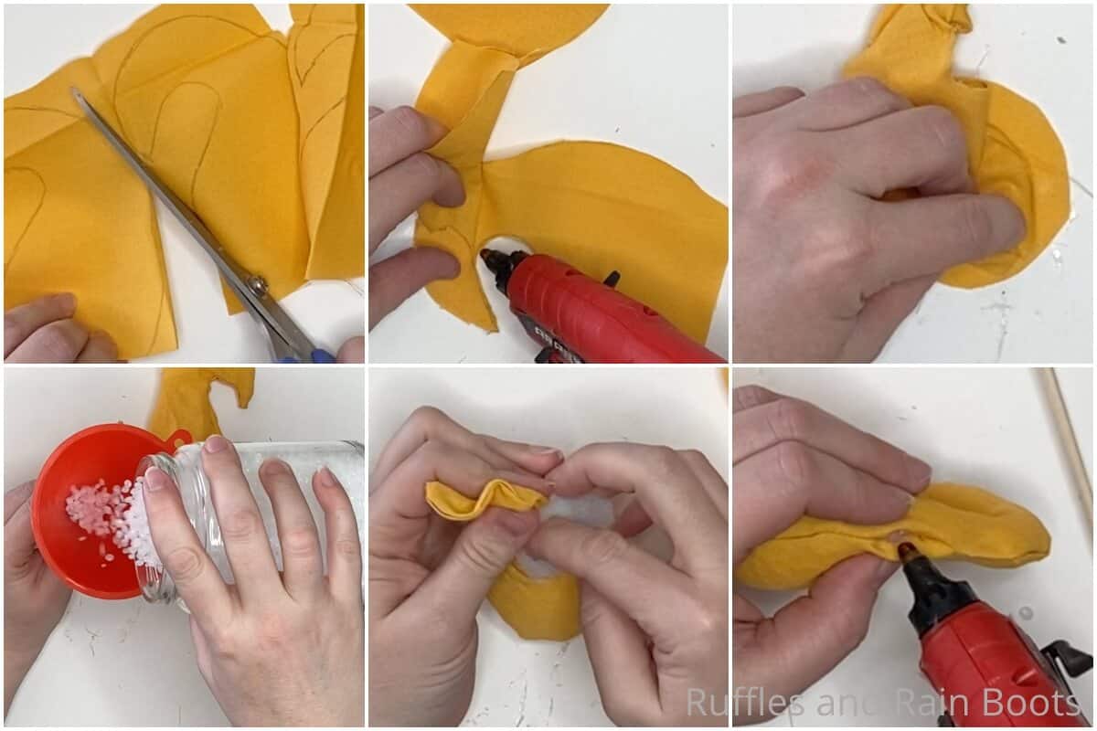 photo collage tutorial of how to make a magnetic kissing gnome bee set