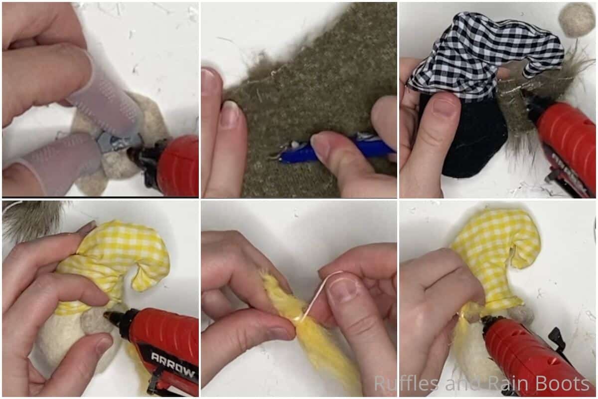 photo collage tutorial of how to make a mini farmhouse gnome pattern