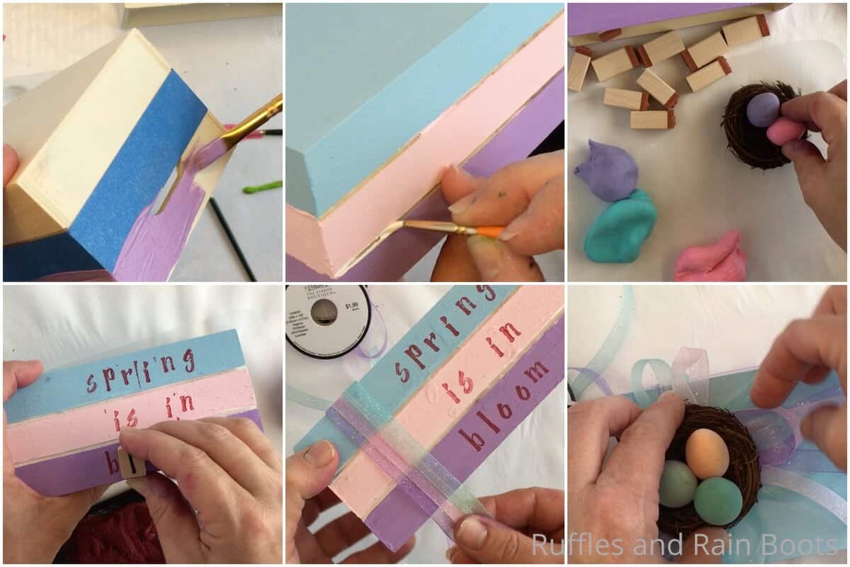 photo collage tutorial of how to make a spring book stack from Dollar Tree wood crates