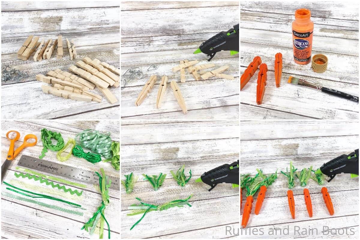 photo collage tutorial of how to make clothespin carrots for farmhouse tiered tray decor