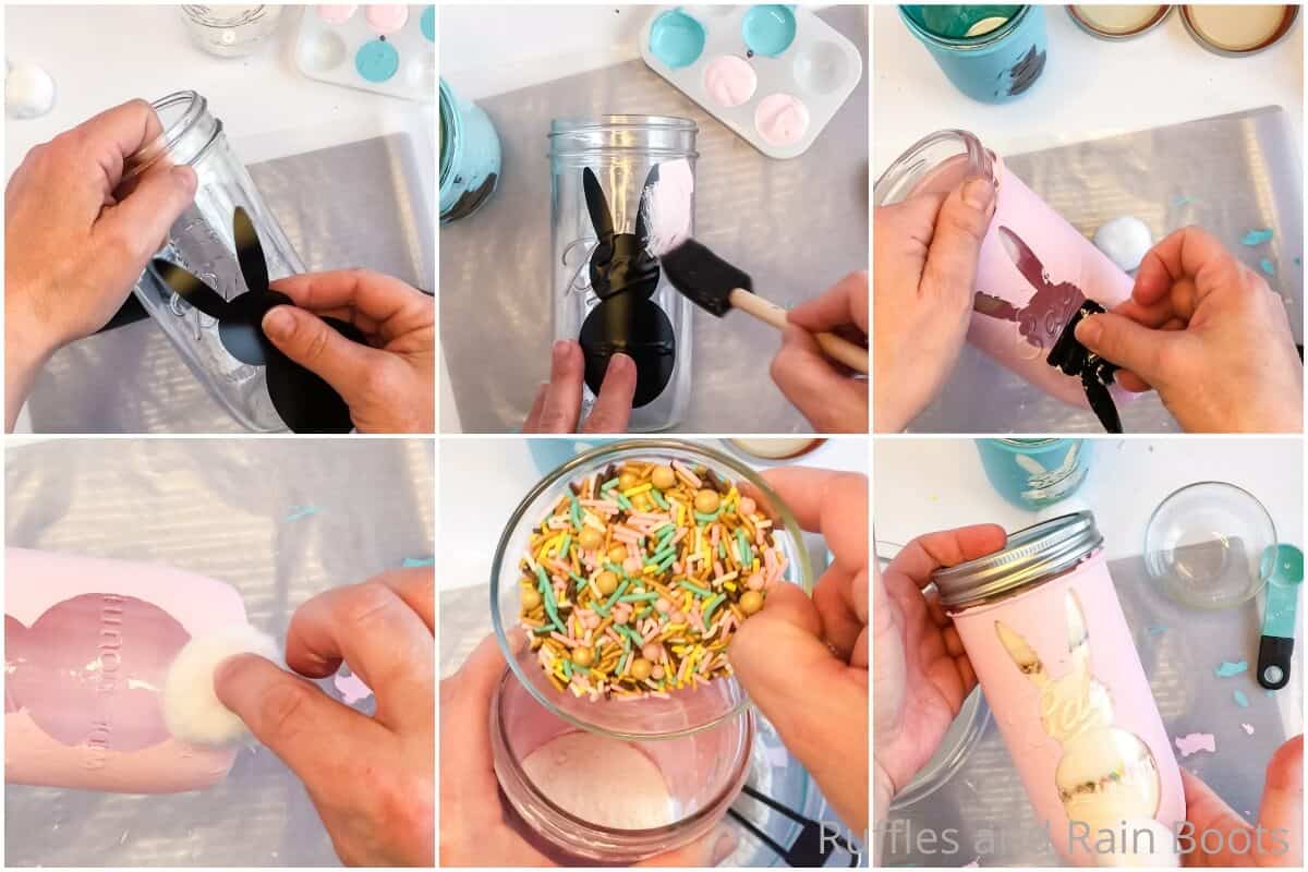 photo collage tutorial of how to paint mason jars with cricut stencils for bunny cookie mix gift in a jar