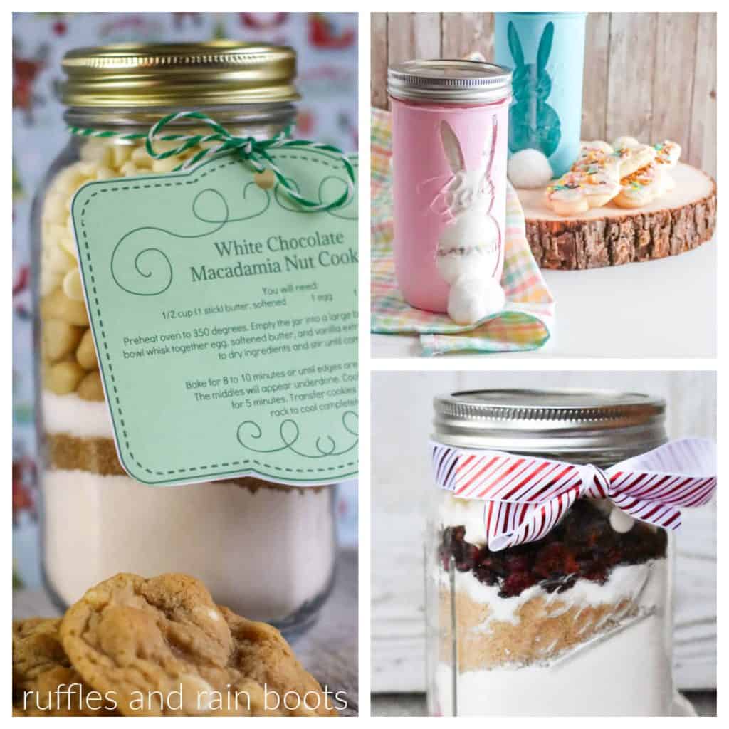 square collage of mason jar cookie mix recipes and printable tags