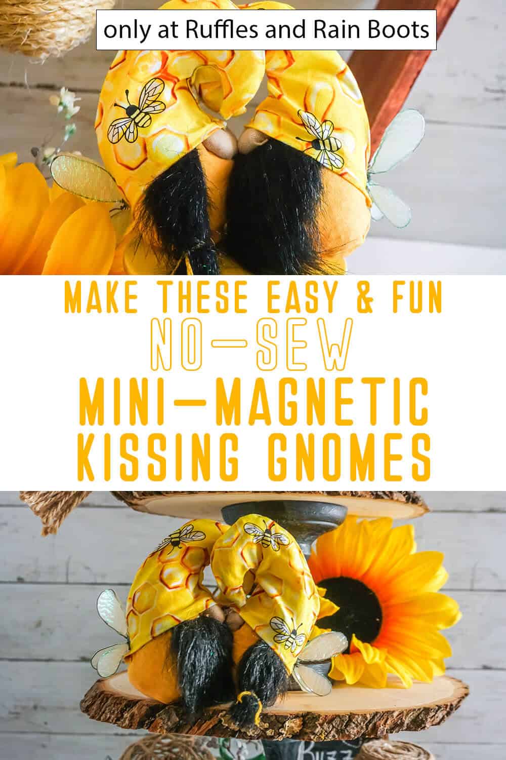 photo collage of mini magnetic kissing bee gnomes with text which reads make these easy & fun no-sew mini-magnetic kissing gnomes