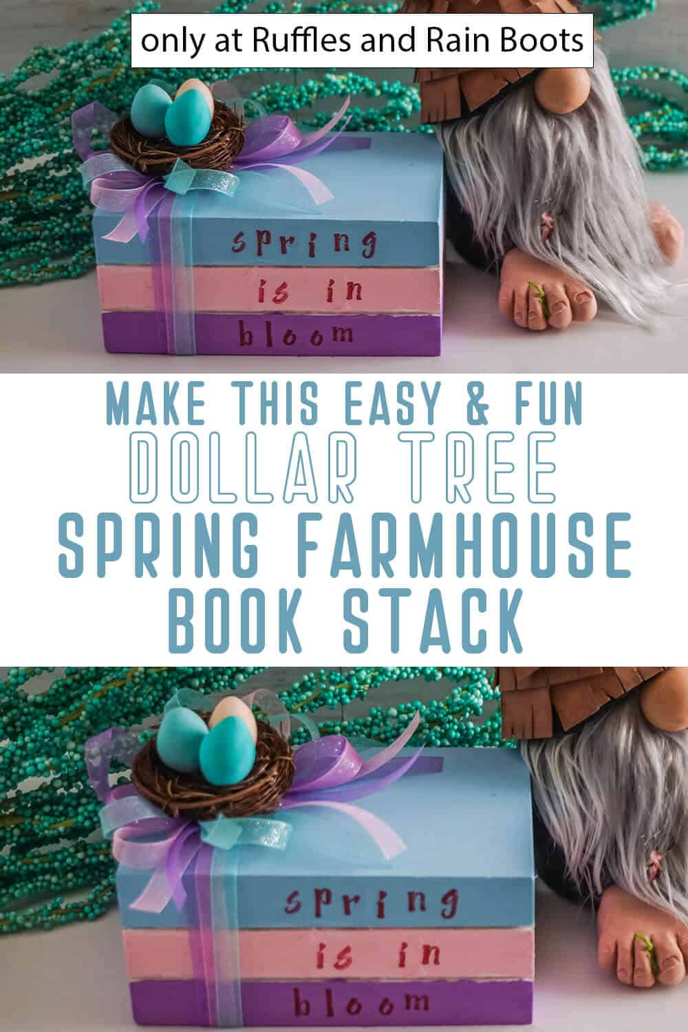 photo collage of spring farmhouse book stack dollar tree craft with text which reads make this easy & fun dollar tree spring farmhouse book stack