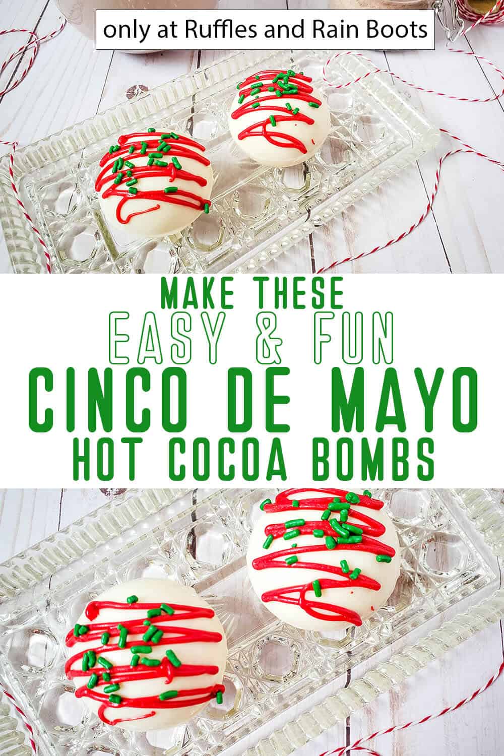 photo collage of cinco de mayo hot chocolate bombs with text which reads make these easy & fun cinco de mayo hot cocoa bombs