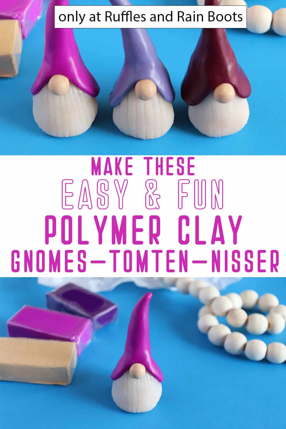 photo collage of easy diy clay gnomes with text which reads make these easy & fun polymer clay gnomes tomten nisser