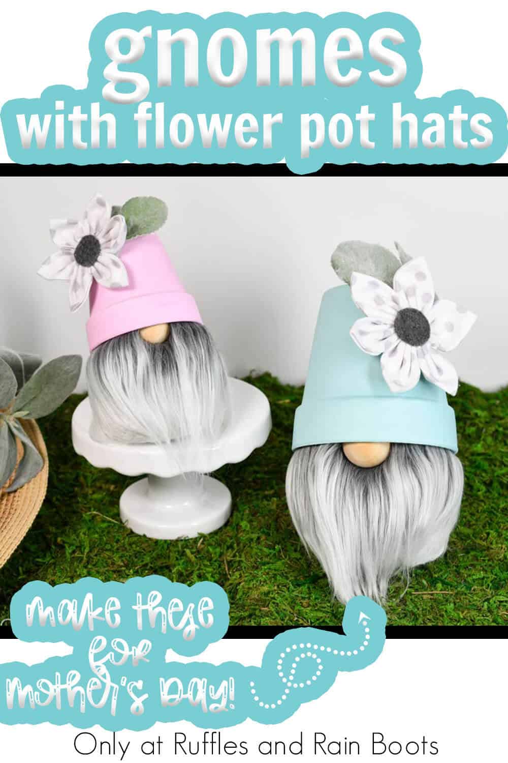 Flower pot hat sock gnome diy for mothers day with text which reads gnomes with flower pot hats make these for mothers day.