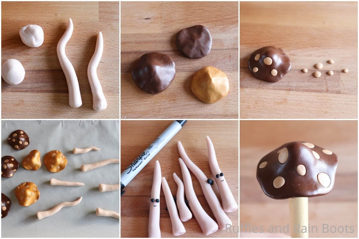 photo collage tutorial of how to make a polymer clay mushroom