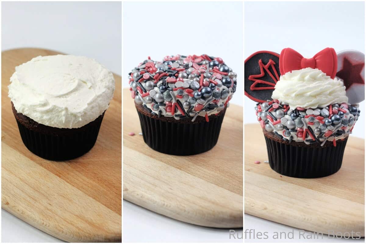 photo collage of how to make falcon and winter soldier cupcakes