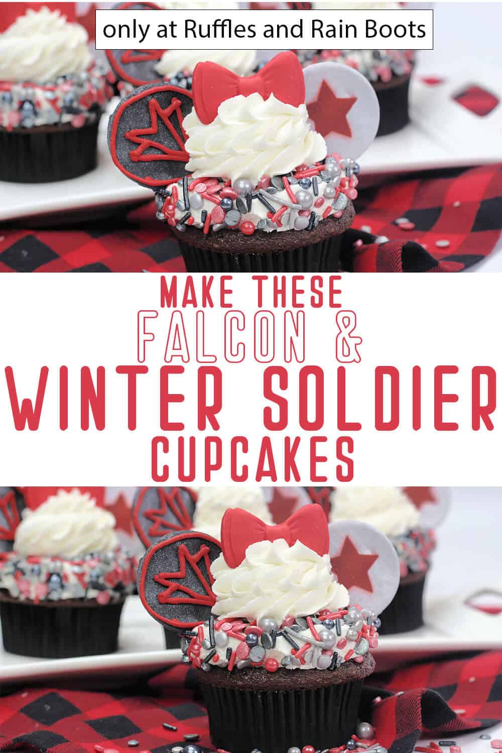 photo collage of marvel falcon and winter soldier cupcakes recipe with text which reads make these falcon & winter soldier cupcakes