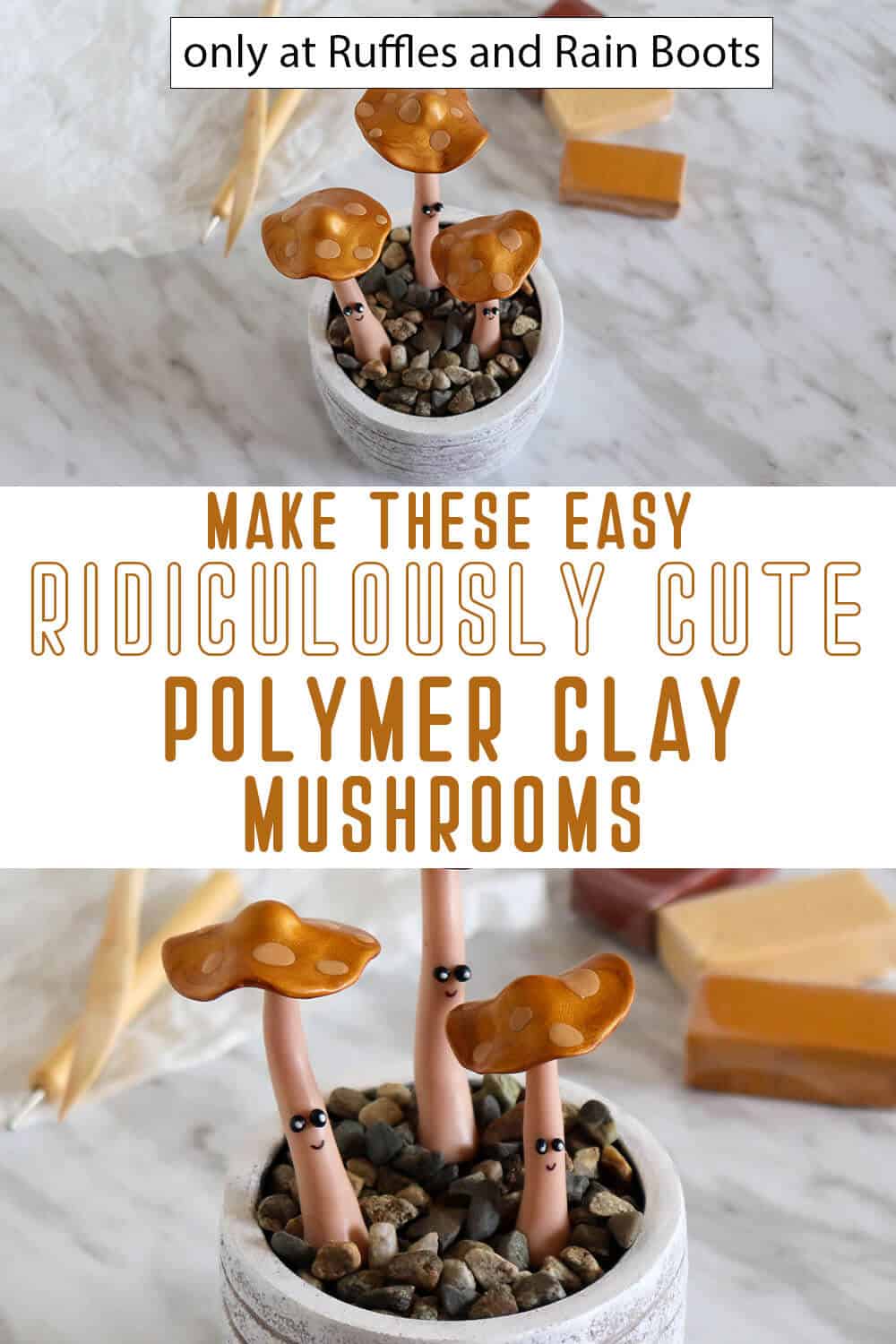 photo collage of oven-bake clay mushrooms with text which reads make these easy ridiculously cute polymer clay mushrooms