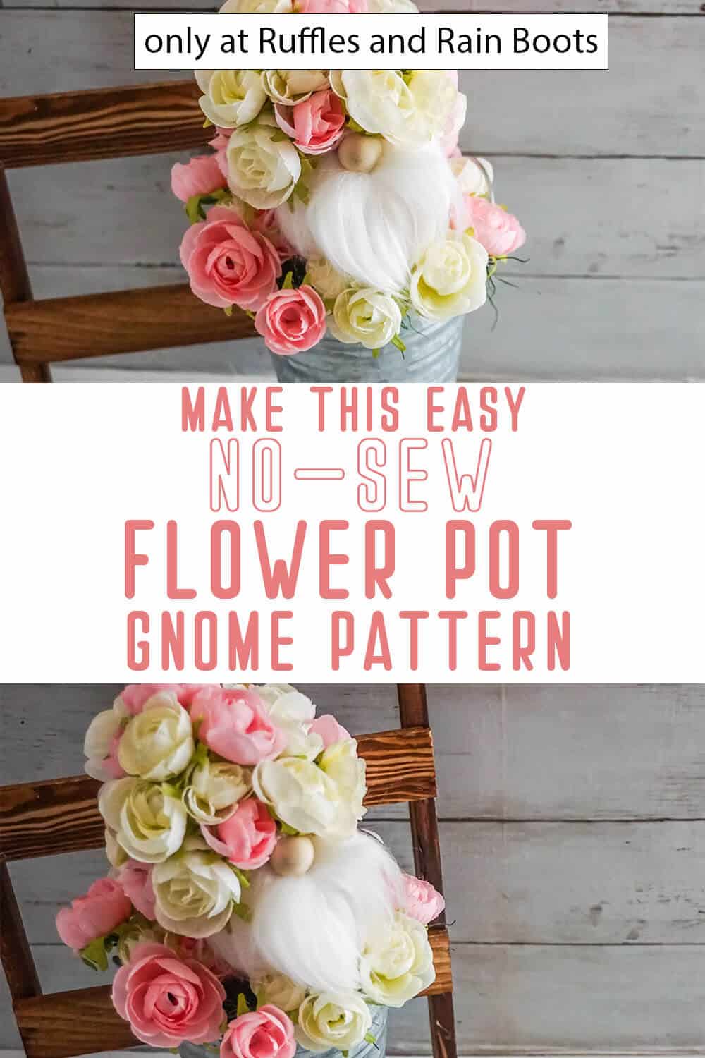 photo collage of flower gnome no-sew gnome pattern with text which reads make this easy no-sew flower pot gnoem pattern