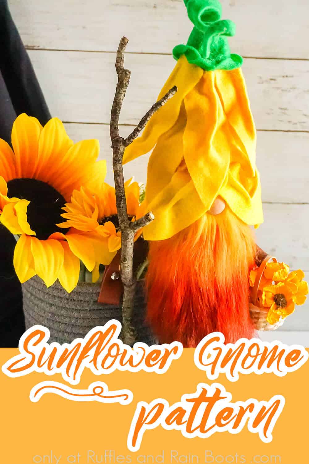 flower gnome with ombre beard with text which reads sunflower gnome pattern