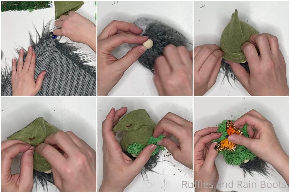 photo collage tutorial of how to make a moss gnome pattern