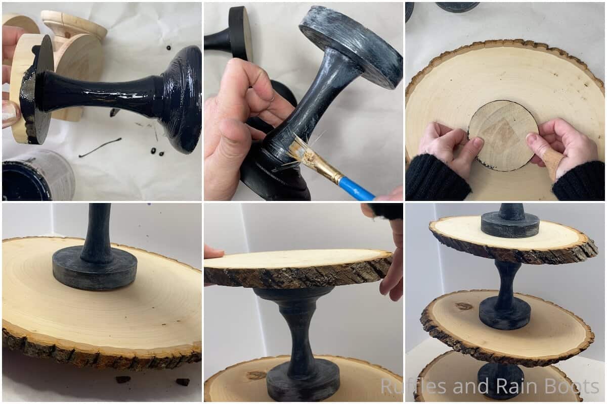 photo collage tutorial of how to make a wood round tiered tray