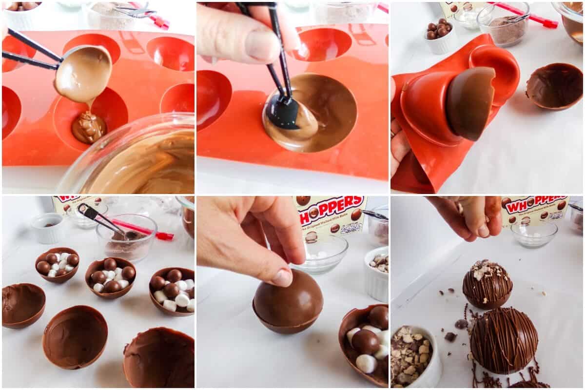 photo collage tutorial of how to make whoppers hot cocoa bombs