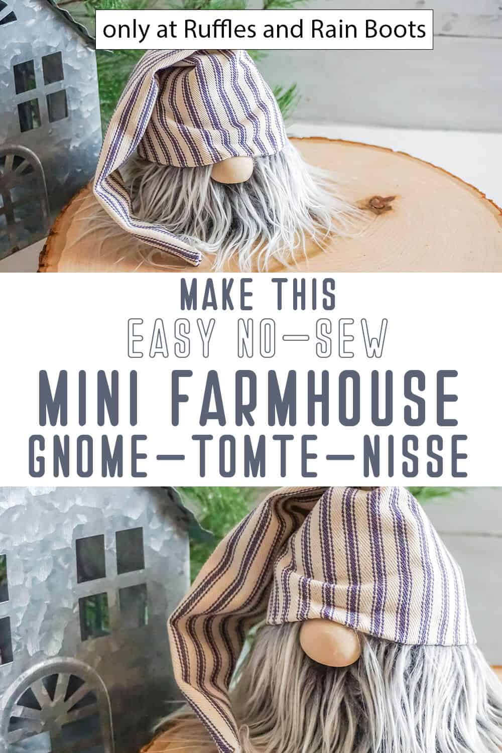 photo collage of mini farmhouse gnome pattern with text which reads make this easy no-sew mini farmhouse gnome tomte nisse