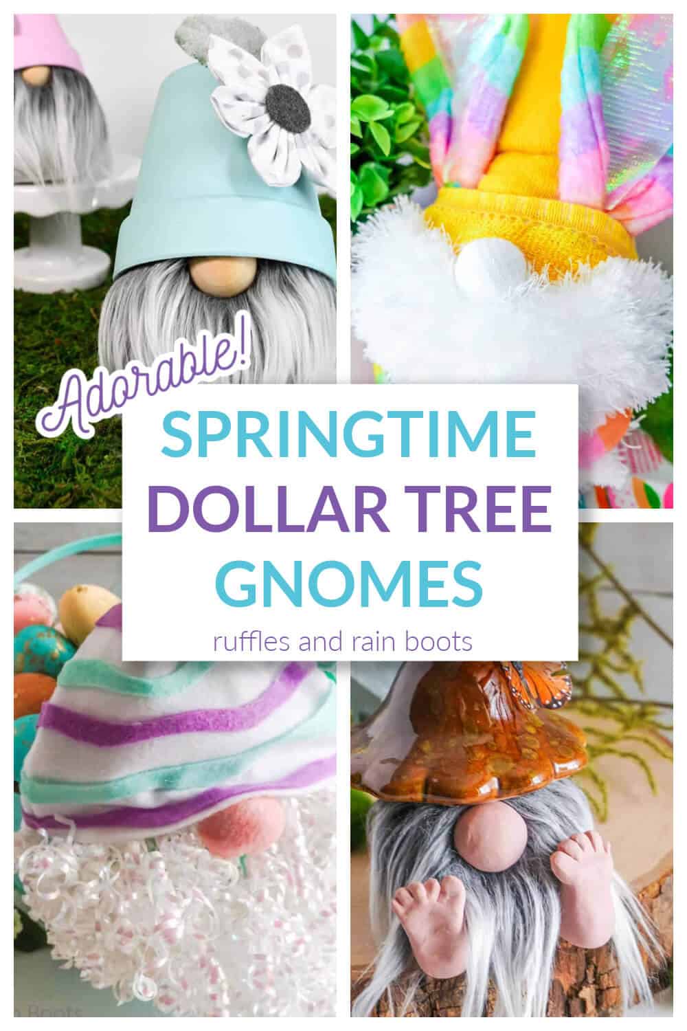collage of 4 pastel colored gnomes for Spring made with dollar tree items