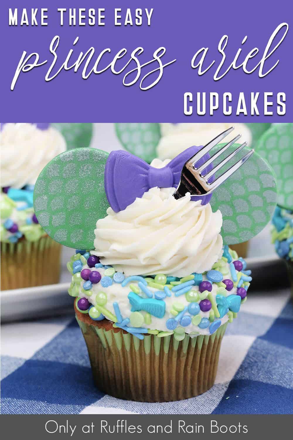 disney little mermaid princess ariel cupcakes with text which reads make these easy princes ariel cupcakes