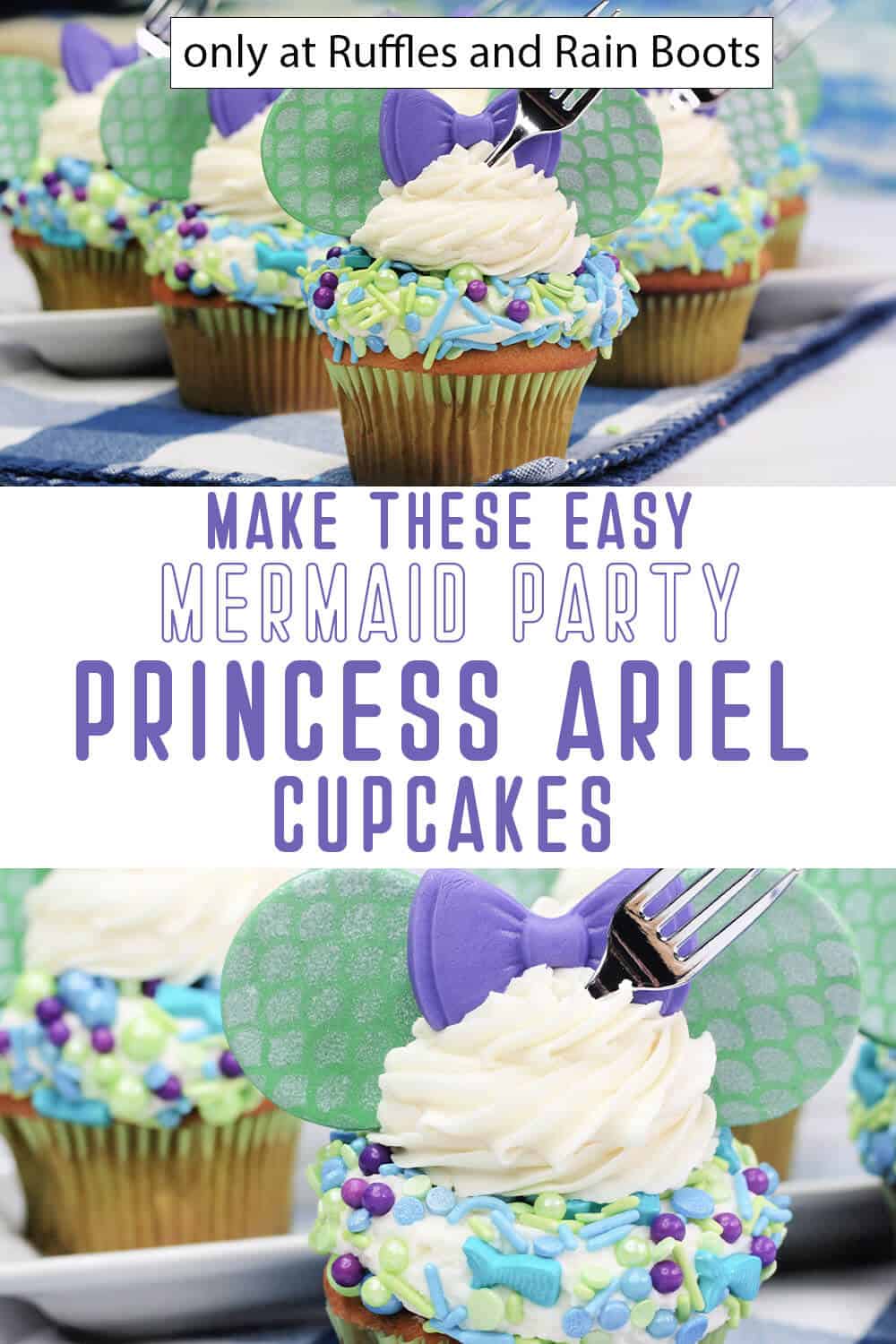 photo collage of disney princess ariel cupcakes with text which reads make these easy mermaid party princess ariel cupcakes