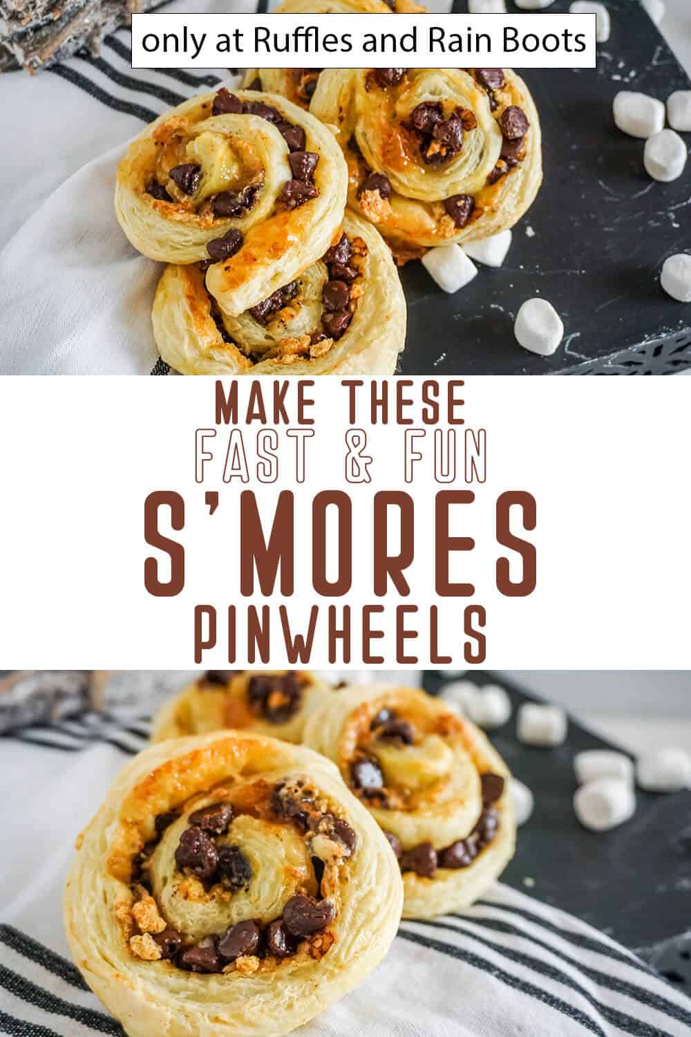 photo collage of easy s'mores pinwheel cookies recipe with text which reads make these fast and fun s'mores pinwheels