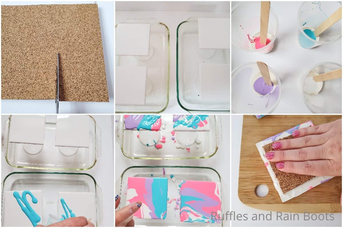 photo collage tutorial of how to make paint pour coasters
