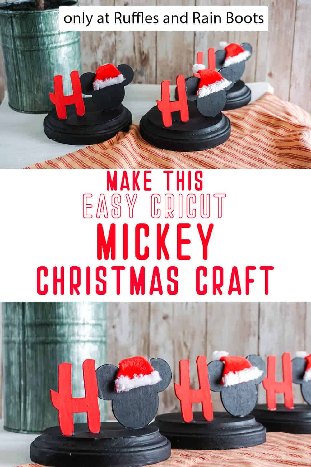 photo collage of mickey christmas centerpiece cricut craft decor with text which reads make this easy cricut mickey christmas craft