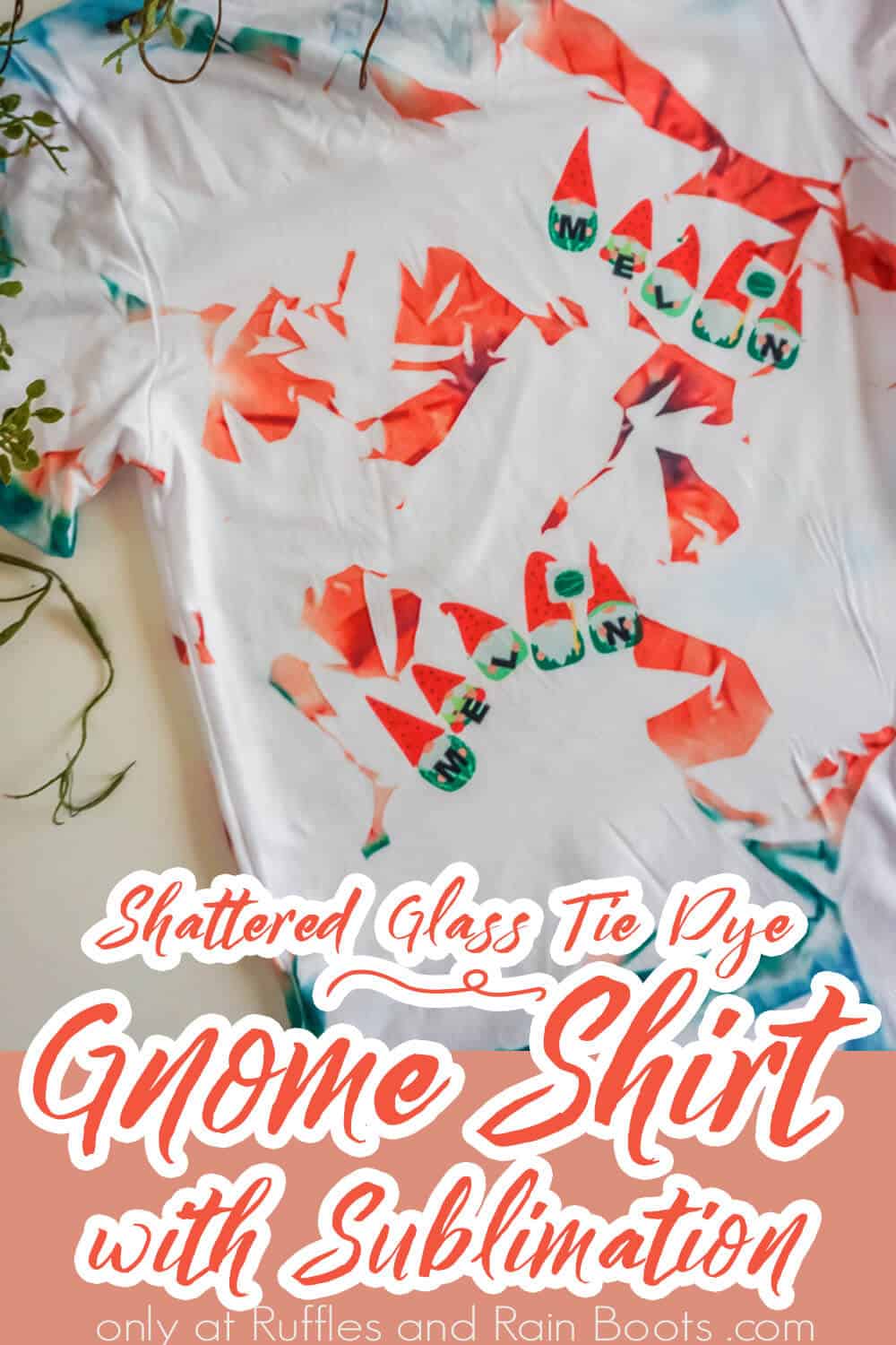 sublimation gnome shirt with text which reads shattered glass tie dye gnome shirt with sublimation