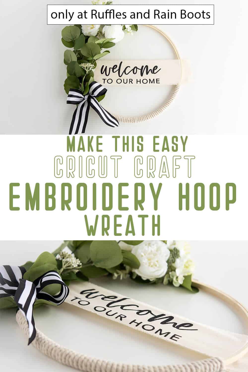 photo collage of diy cricut wreath craft with an embroidery hoop with text which reads make this easy cricut craft embroidery hoop wreath