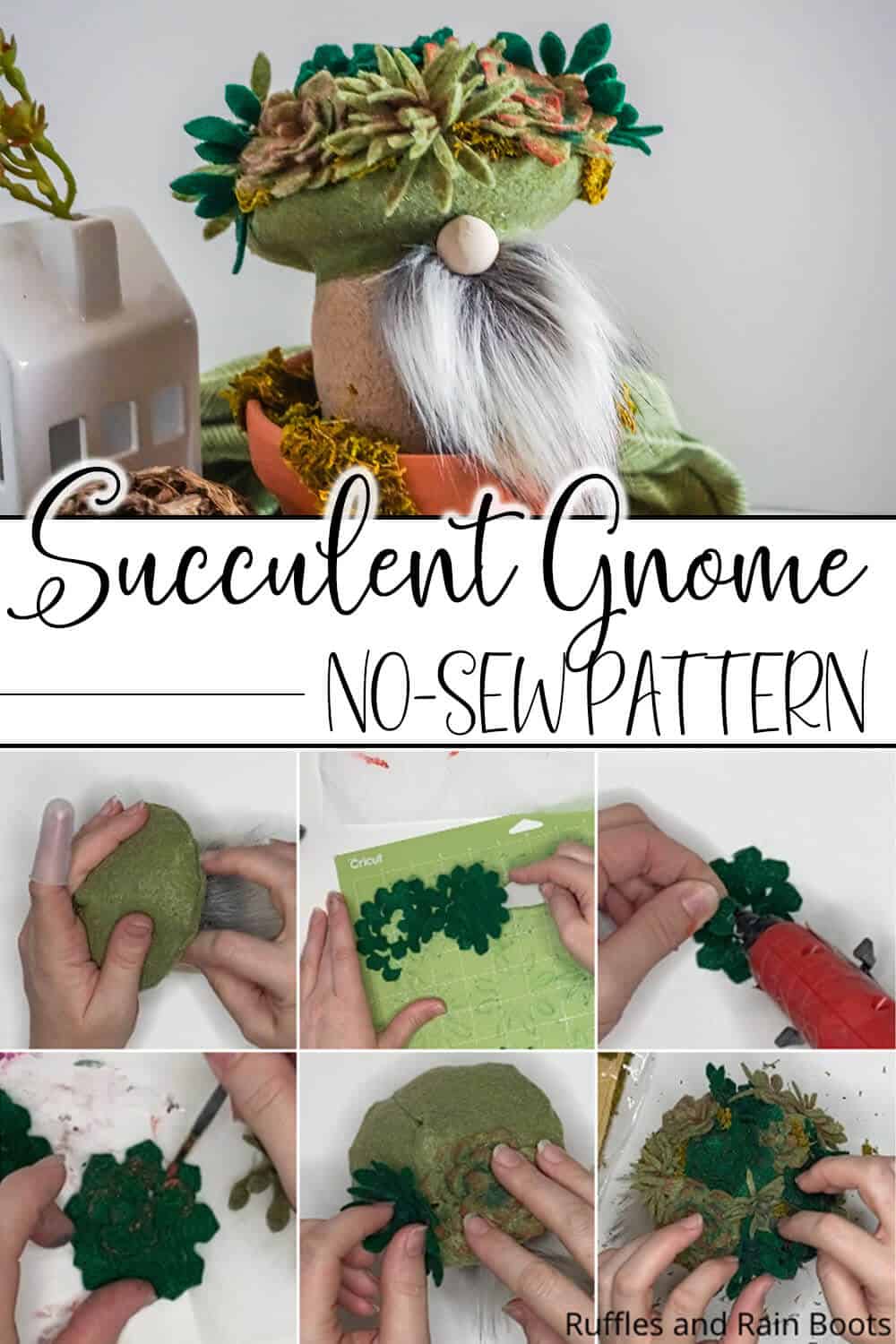 photo collage of diy gnome with succulents on its head with text which reads succulent gnome no-sew pattern