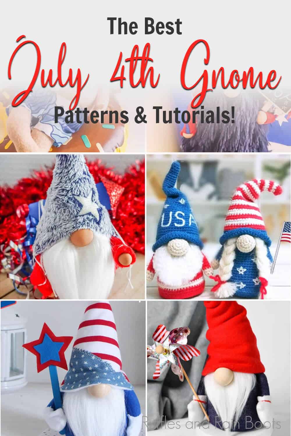 photo collage of diy july 4th gnome pattern sets with text which reads the best july 4th gnome patterns and tutorials