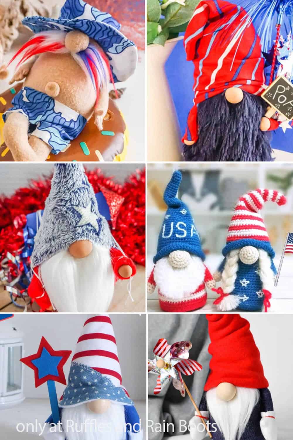 photo collage of diy july 4th gnome patterns and tutorials