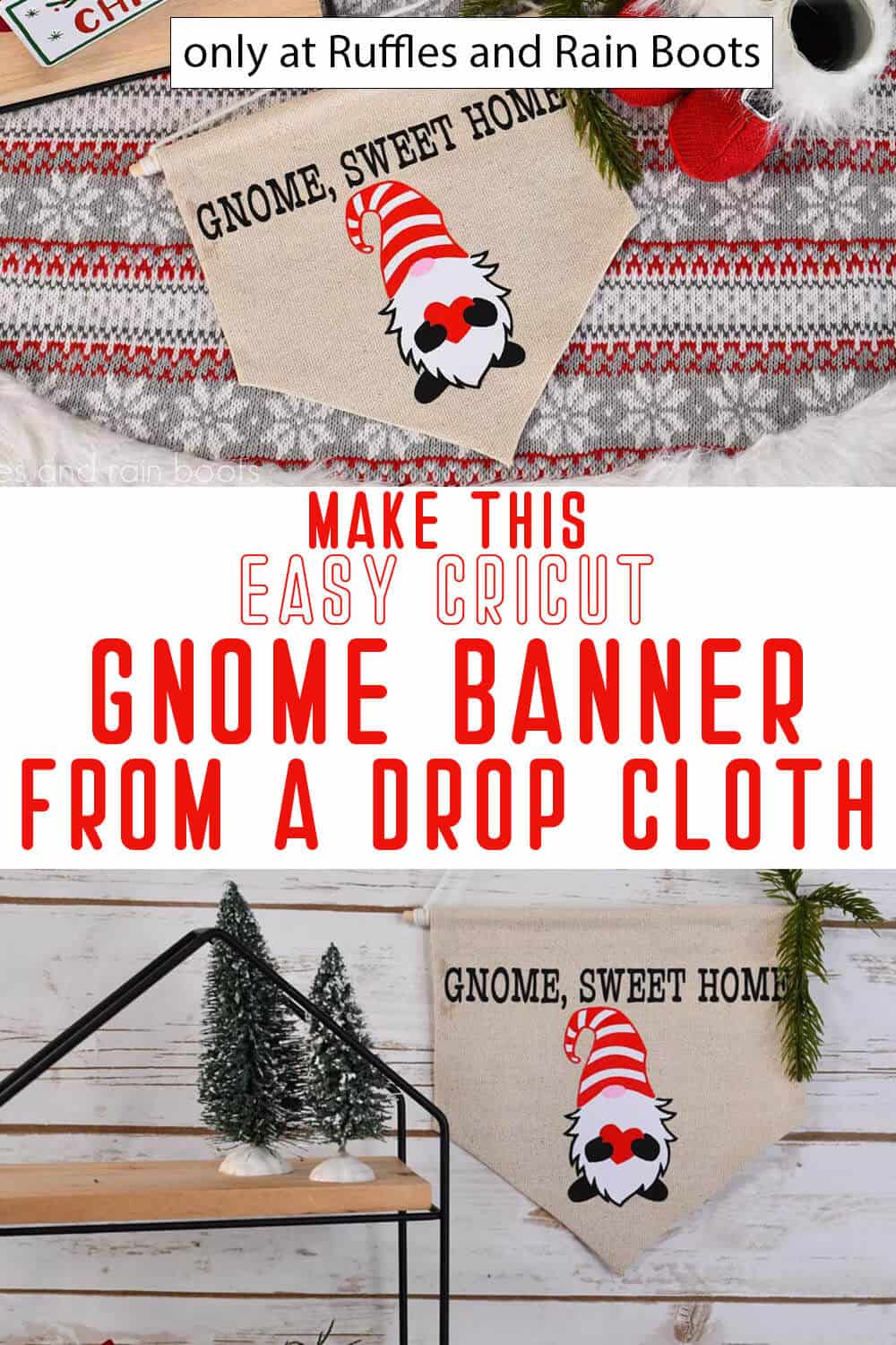 photo collage of drop cloth gnome banner with text which reads make this easy cricut gnome banner from a drop cloth