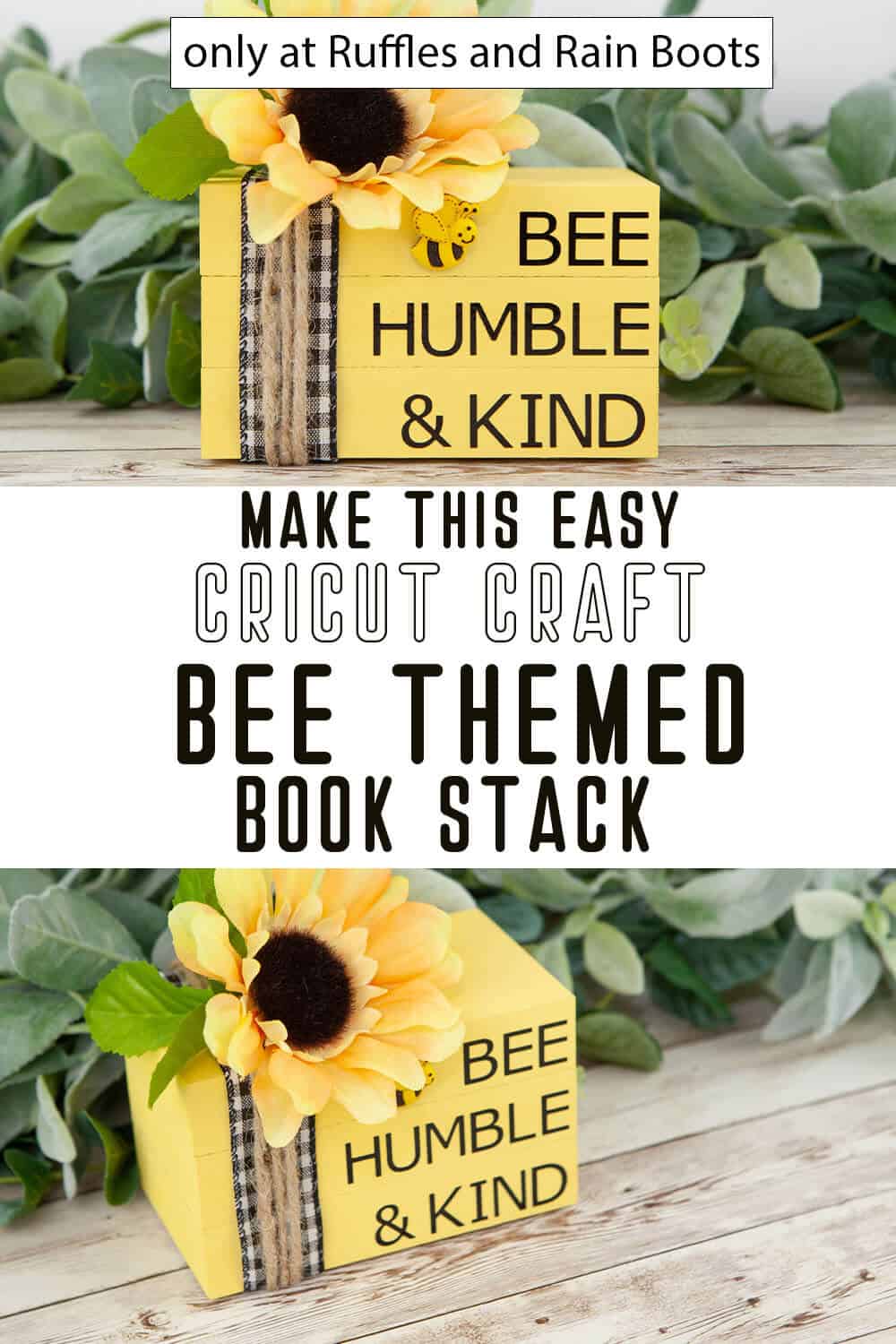 Photo collage of easy Cricut craft bee themed book stack with text which reads make this easy bee book stack. 