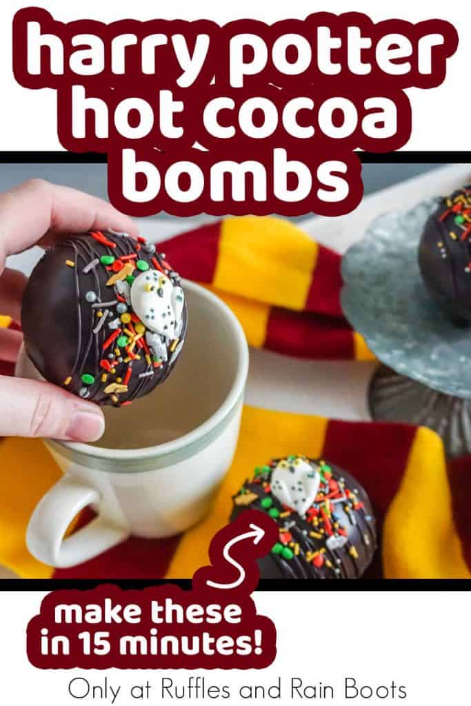 hot cocoa bombs for harry potter movie night with text which reads harry potter hot cocoa bombs make these in 15 minutes