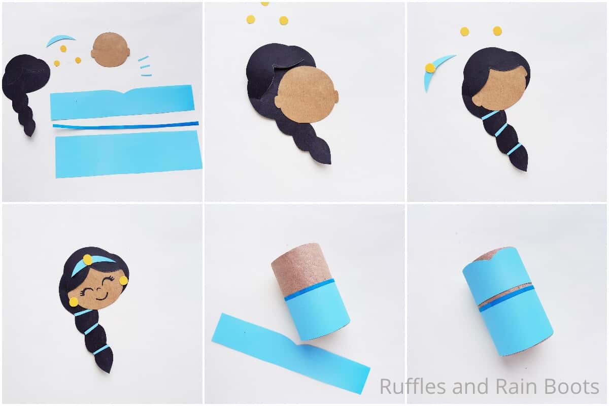 photo collage tutorial of how to make a princess jasmine paper doll