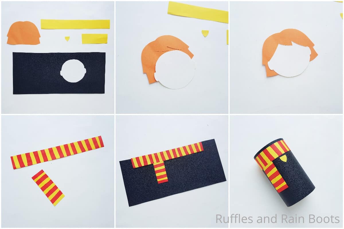 photo collage tutorial of how to make a ron weasley paper roll doll for harry potter craft