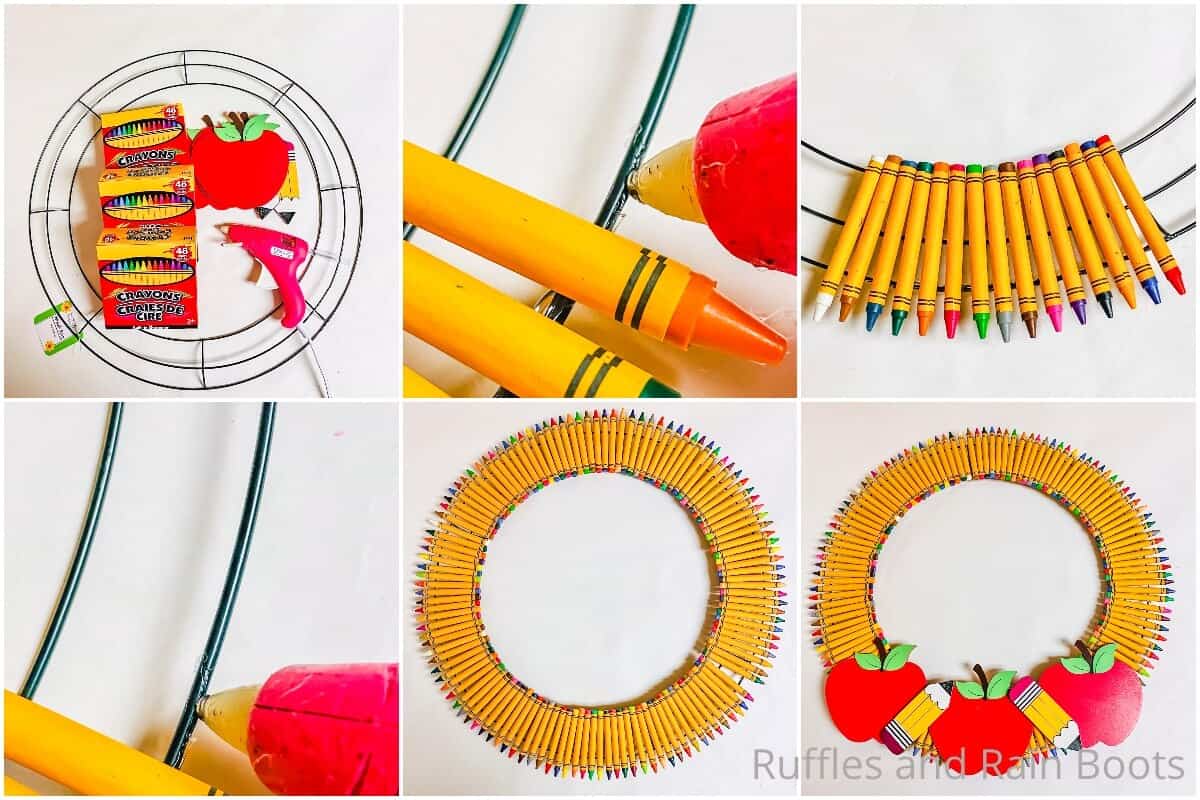 photo collage tutorial of how to make a teacher appreciation wreath using crayons