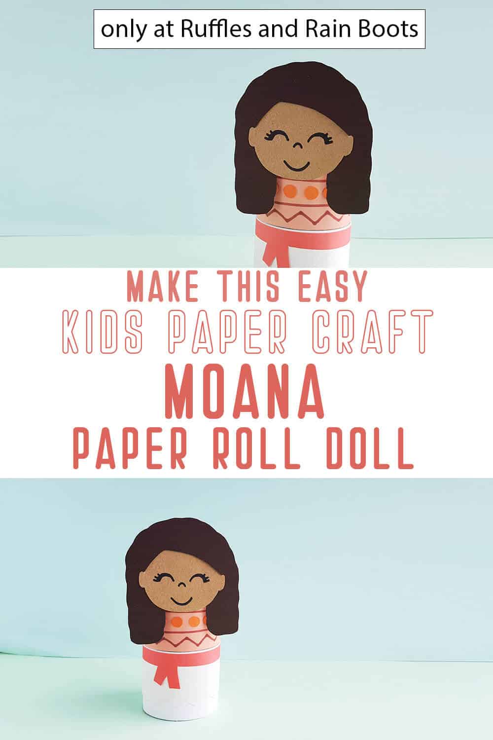 photo collage of moana paper doll disney paper craft for kids with text which reads make this easy kids paper craft moana paper roll doll