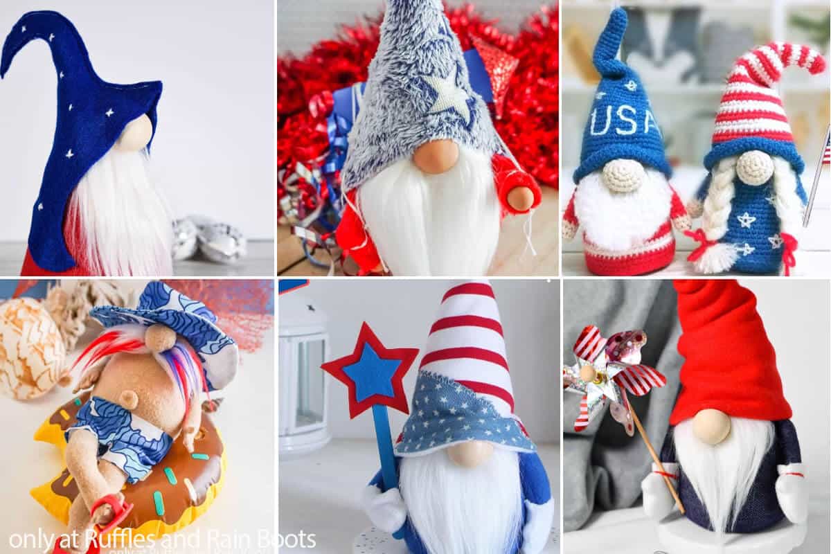 photo collage of patterns for july 4th gnomes