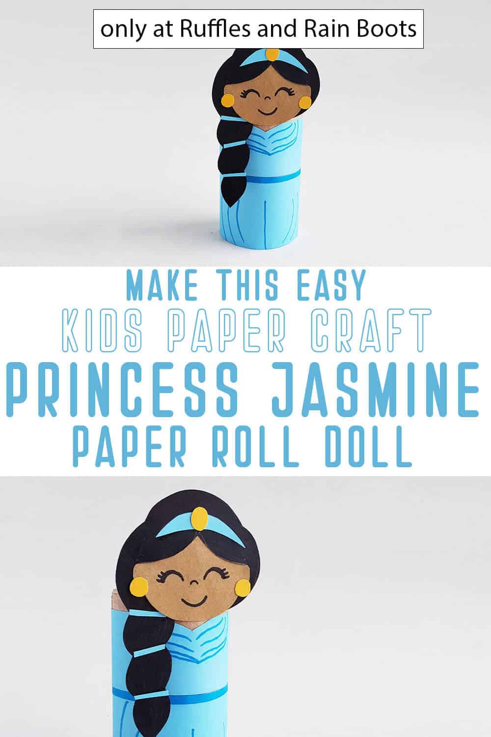 photo collage of princess jasmine paper craft for kids with text which reads make this easy kids paper craft princess jasmine paper roll doll