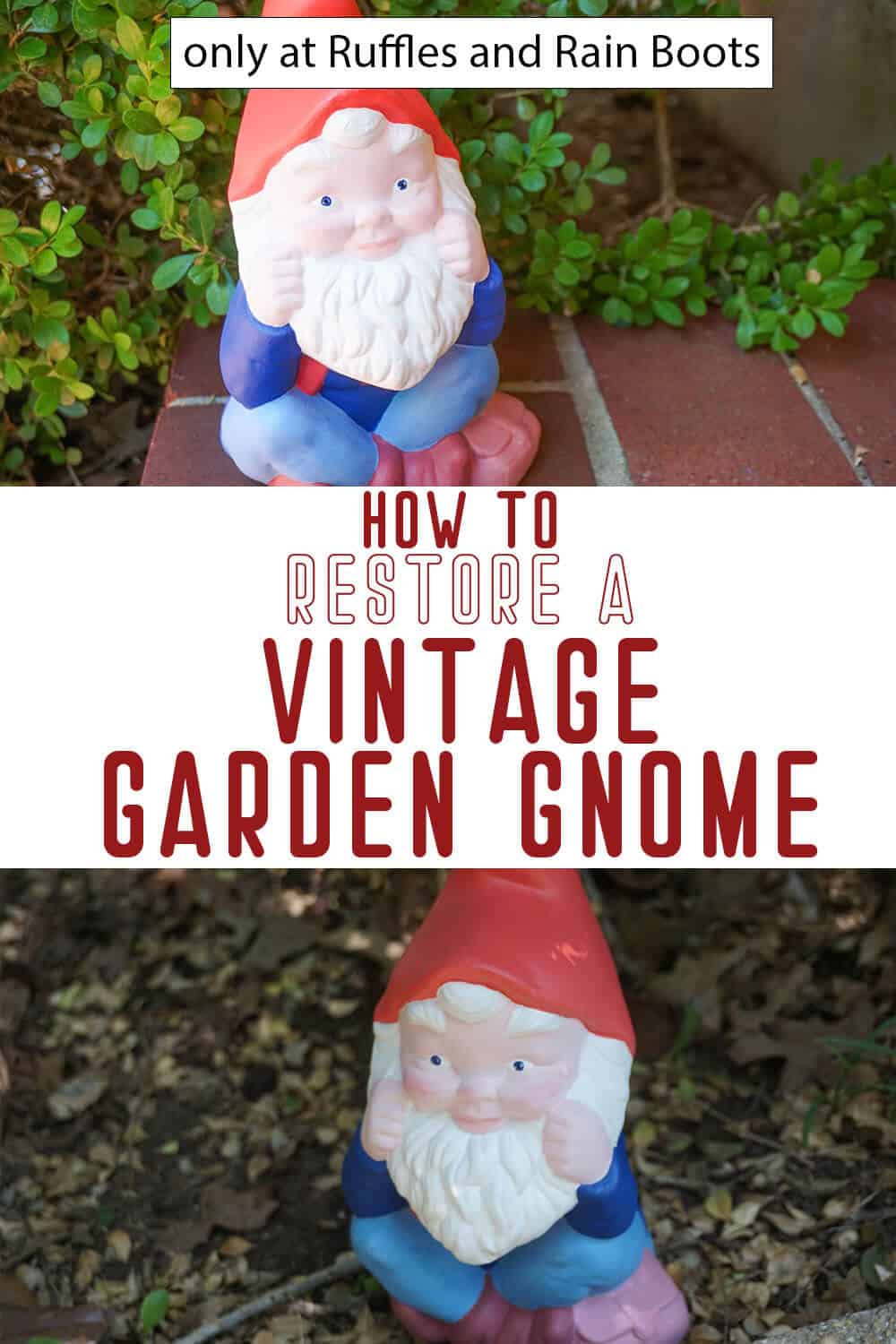 photo collage of repaint a garden gnome with text which reads how to restore a vintage garden gnome