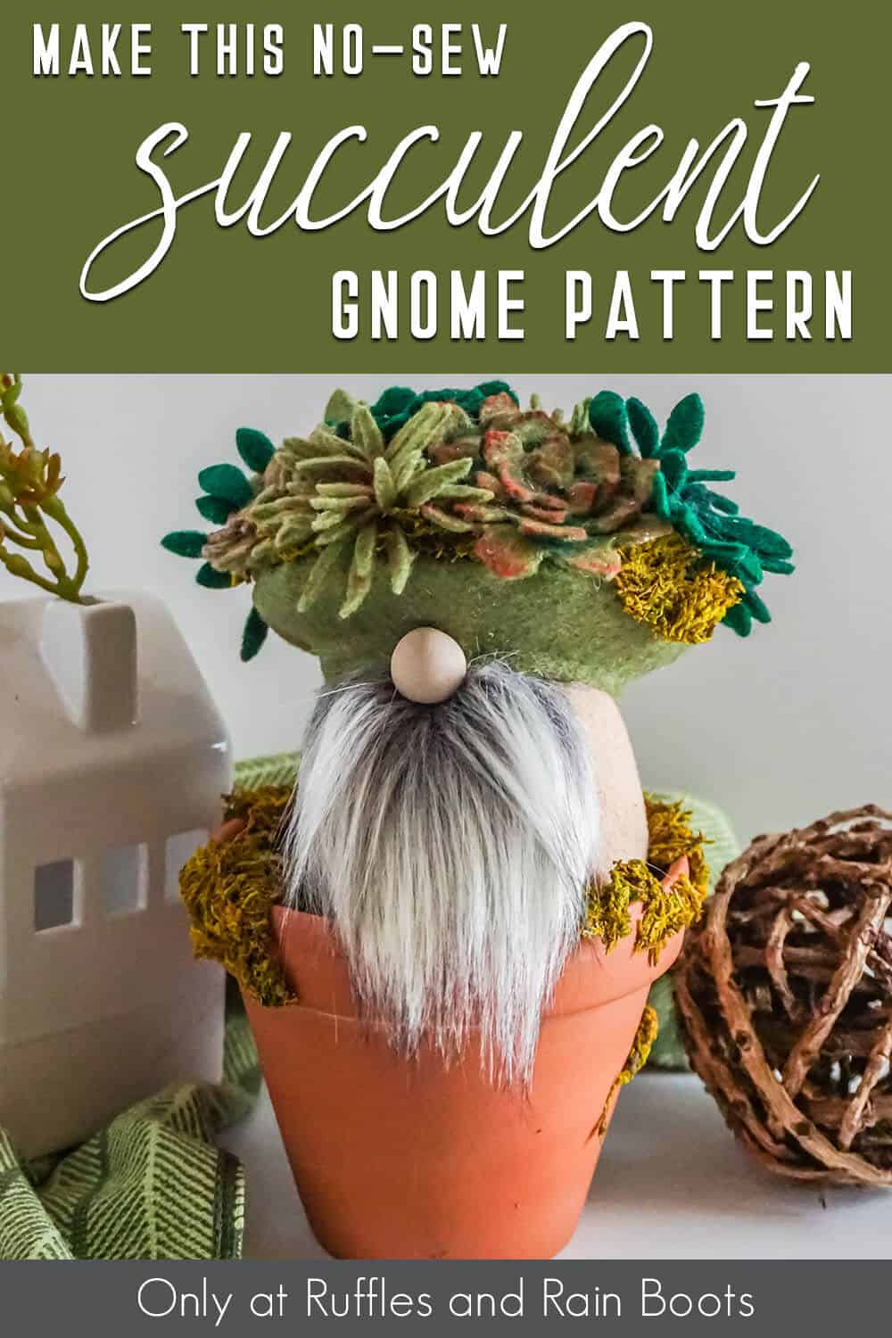 succulent hat gnome with text which reads make this no-sew succulent gnome pattern