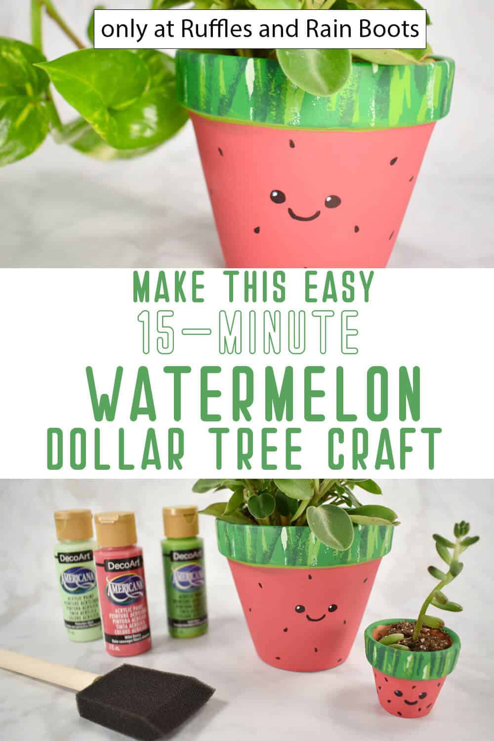 photo collage of watermelon terra cotta pot craft with text which reads make this easy 15-minute watermelon dollar tree craft
