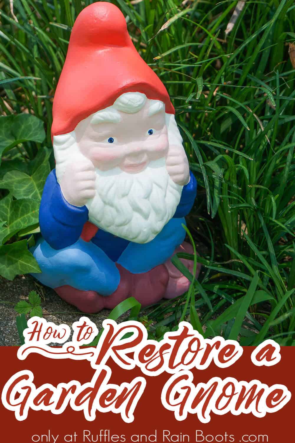 what to paint a garden gnome with with text which reads how to restore a garden gnome
