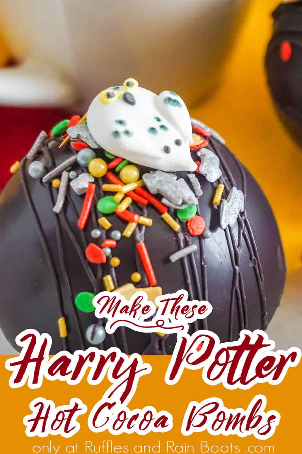 wizard hot cocoa bombs with text which reads make these harry potter hot cocoa bombs
