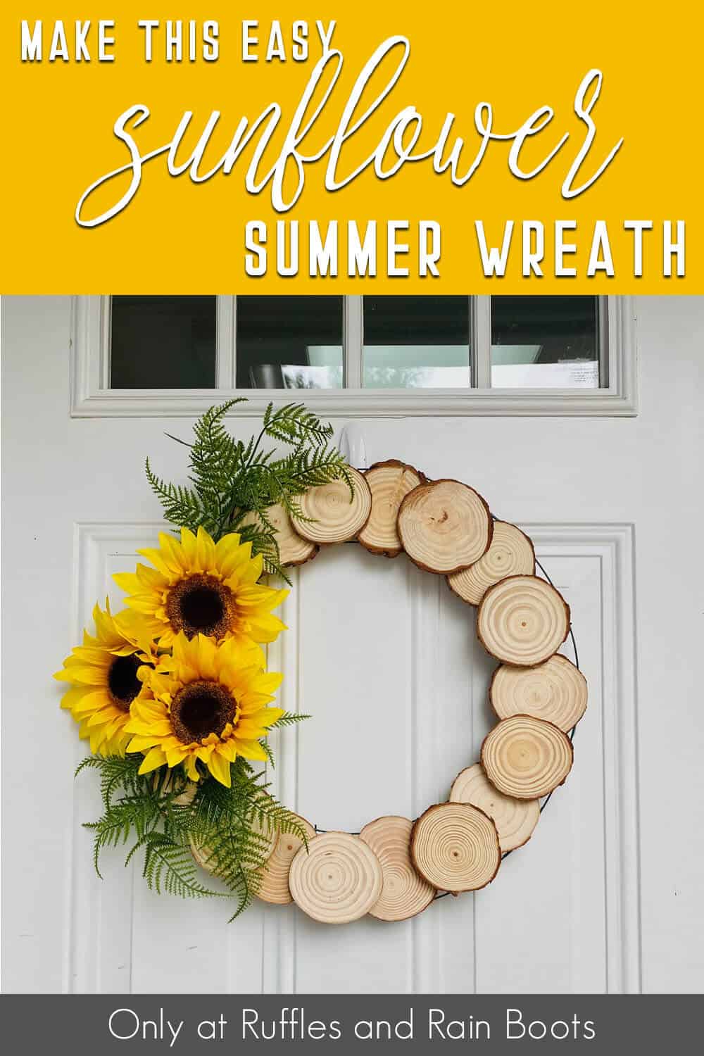 wood round sunflower wreath with text which reads make this easy sunflower summer wreath