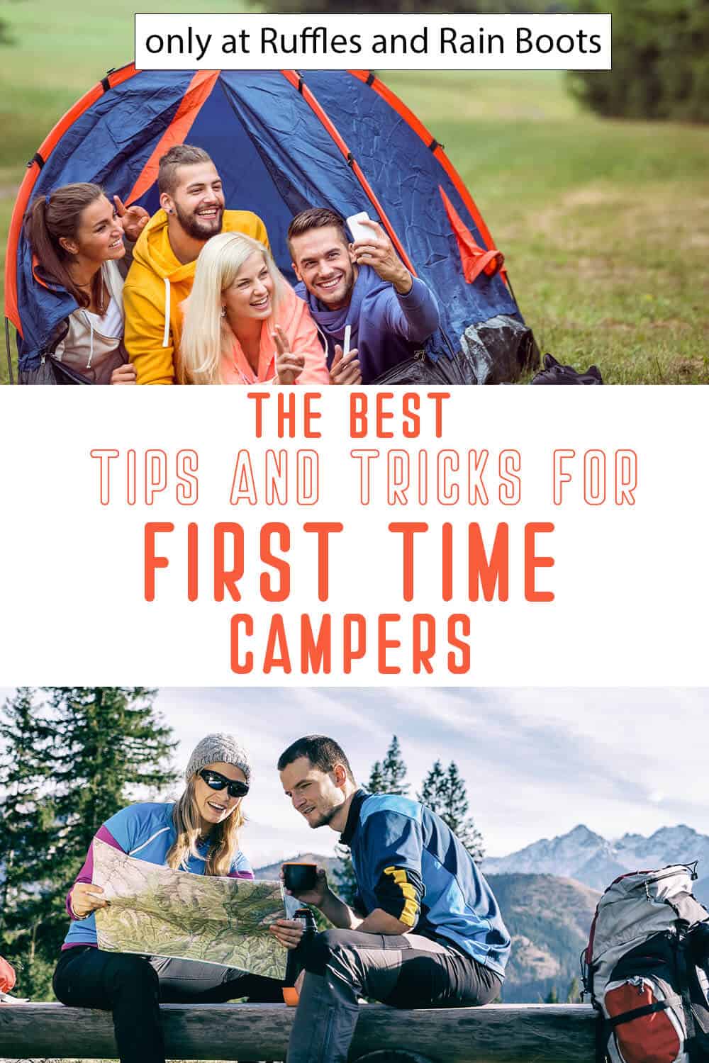 photo collage of first time camping hacks with text which reads the best tips and tricks for first time campers